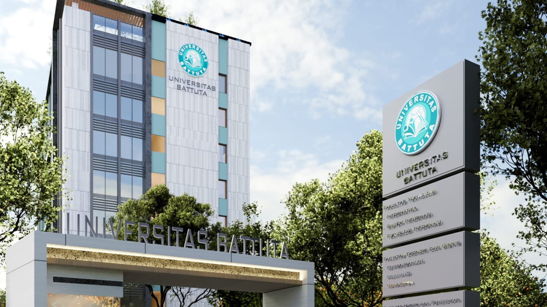 Gedung baru Universitas Battuta dengan area masuk kampus modern