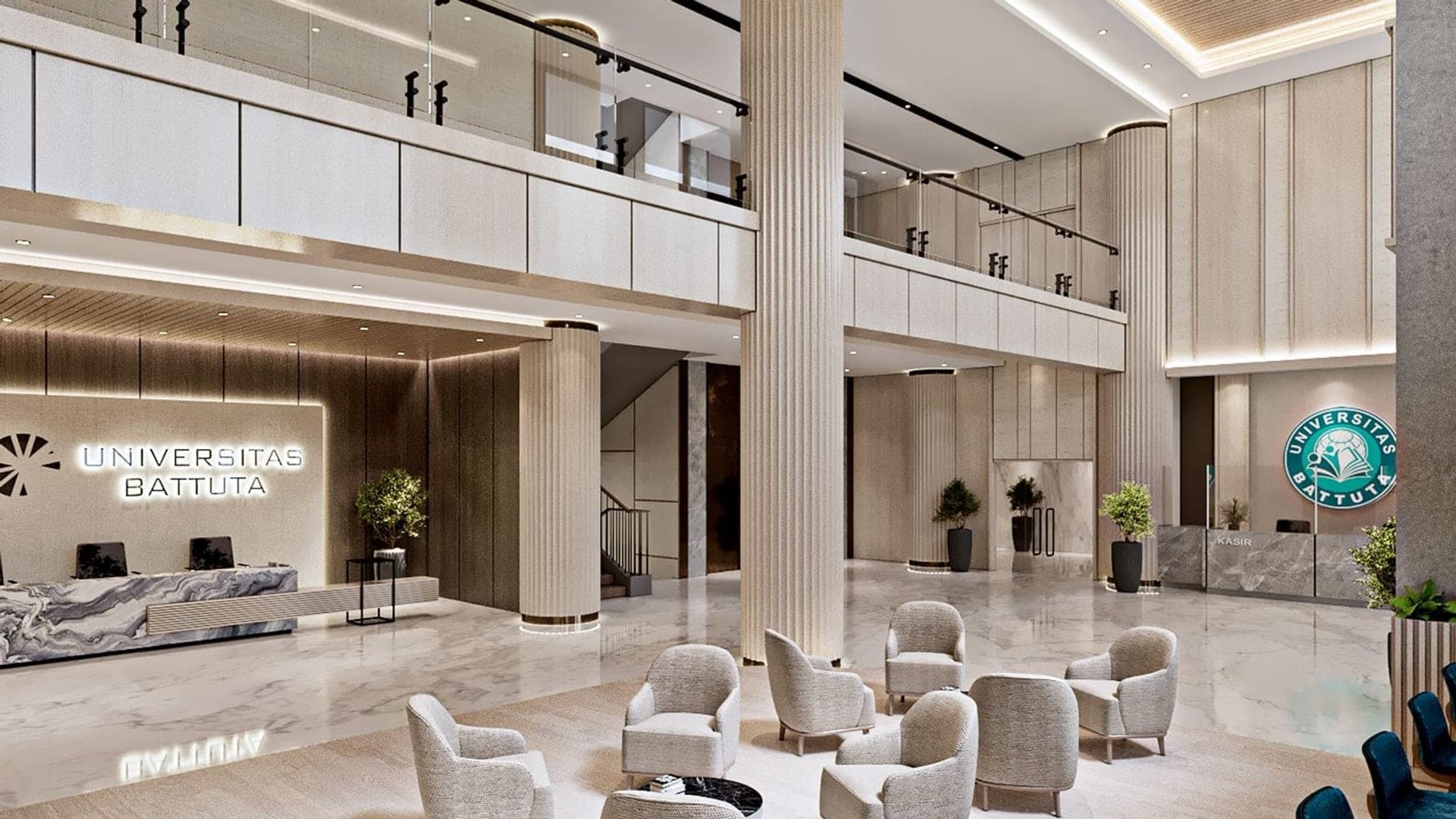 Lobby dan area layanan gedung baru Universitas Battuta yang modern